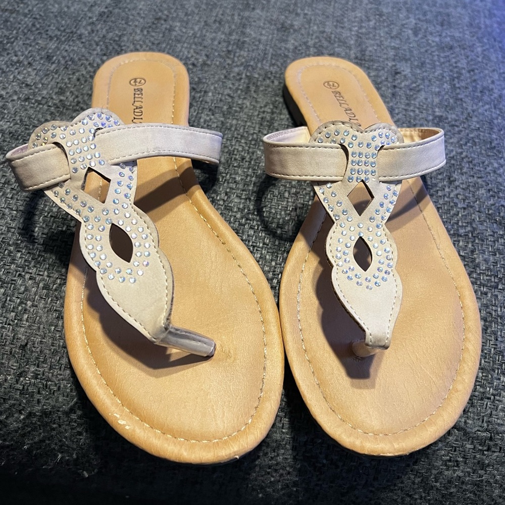Beige with rhinestones thong sandals